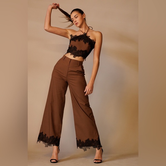Lace Trim Hem Wide-Leg Trouser Pants - Picture 1 of 4